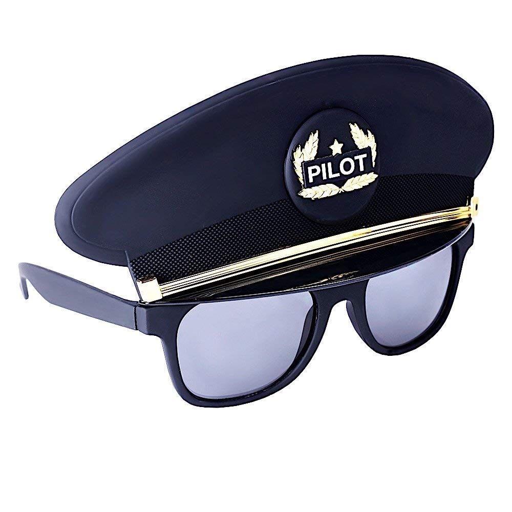 Sun-StachesPilot Sunglasses Costume Accessory, UV400 Lenses, Black Captain’s Cap and Mask One Size Fits Most