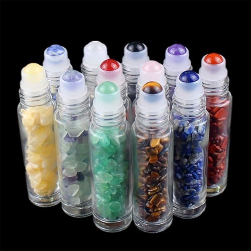 Miniatura 5 de Paquete de 5 botellas transparentes de 0.3 onzas líquidas con chips de cristal de chakra naturales para aceites esenciales, botellas enrollables de