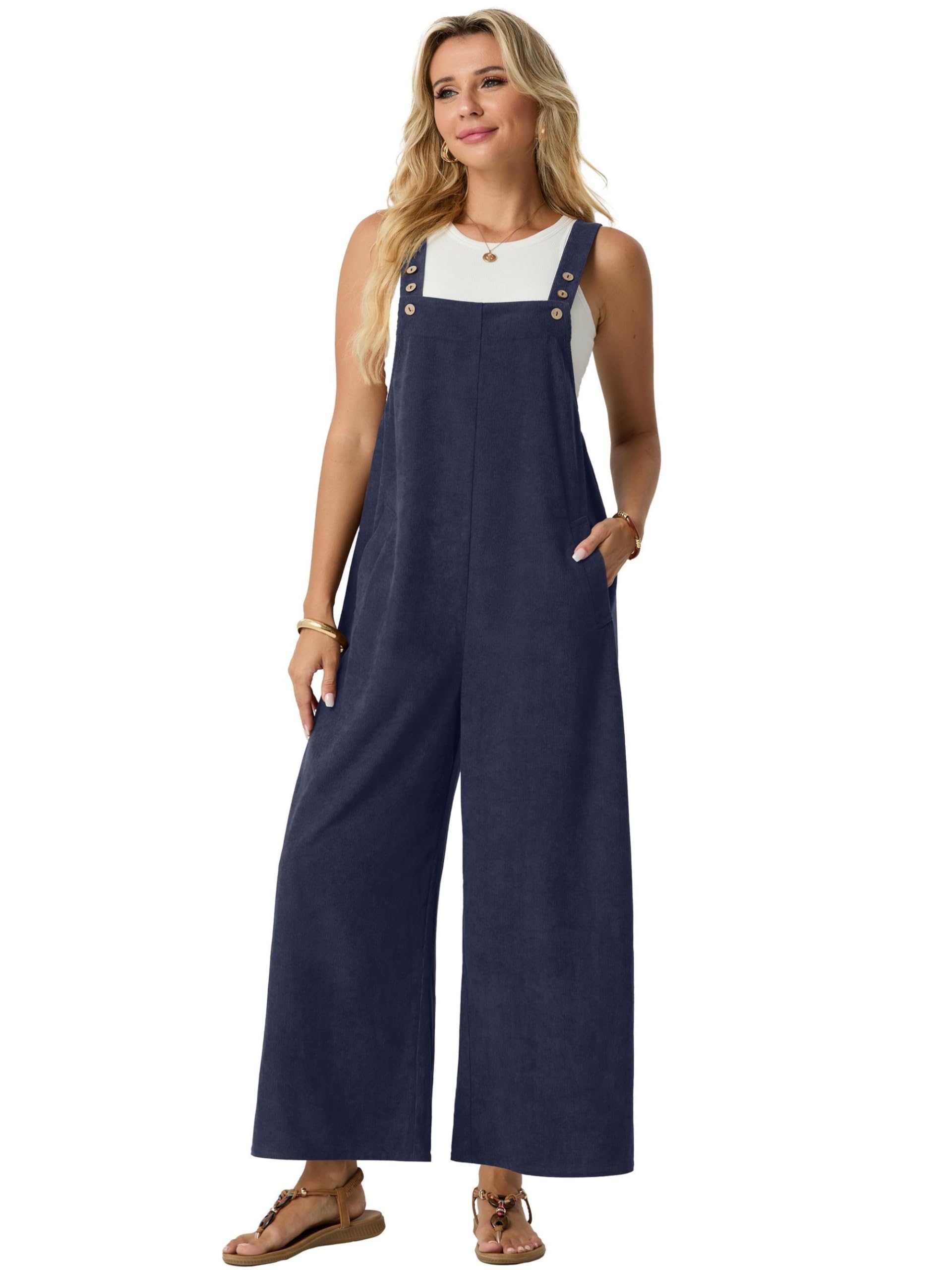 QIXING Salopette da donna in velluto a coste a gamba larga tuta casual con tasche UK