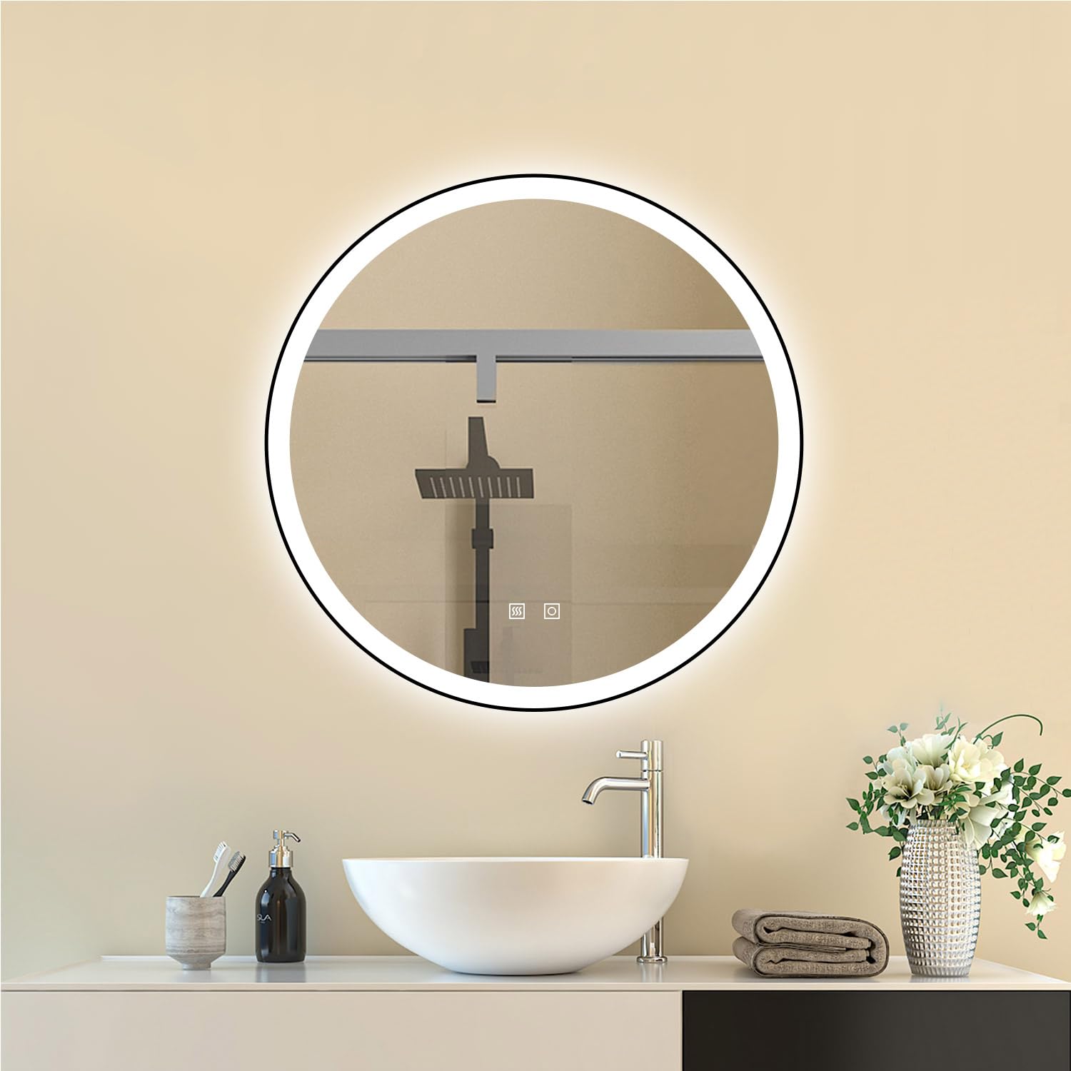 Miroir de salle de bain rond 800 mm LED tactile antibuée à fixer au mur