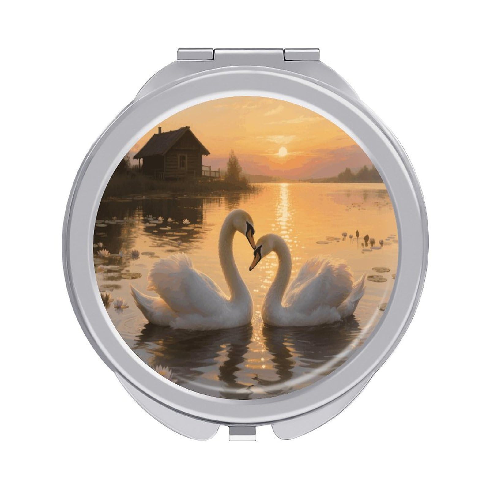 VstaDank Sunset Couple Swans Lake Travel Makeup Mirror Fashion Folding Handheld Pocket Mirrors Portable Cute Mini Mirrors Round Compact Mirror for Purse Handbag& Gift Home Outdoor Use