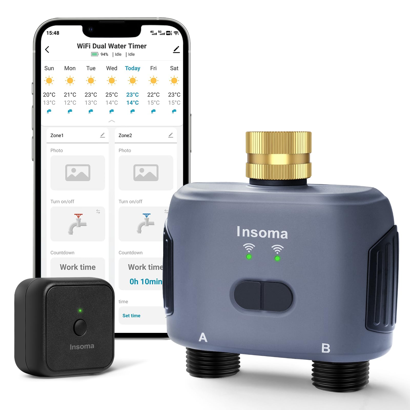 WiFi Water Timer Brass Inlet, 2 Zones Sprinkler Timer for Garden Hose, APP Remote Control Hose Timer with Wi-Fi Hub, Voice Control with Alexa, Rain Delay and Manual Mode for Yard Lawn Watering