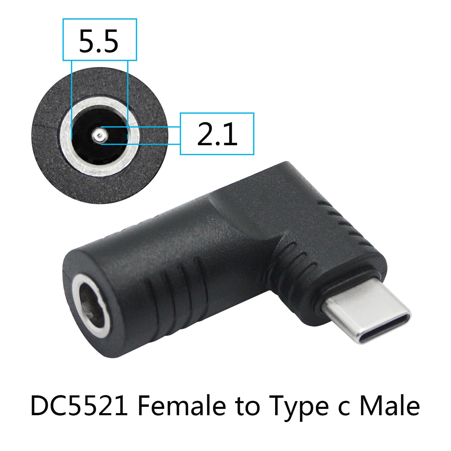 Kątowy adapter złącza DC 5521 na USB C, 90 stopni PD 65 W DC 5,5 mm x 2,1 mm na USB typu C, męski adapter ładowania do laptopa, telefonu, czarny