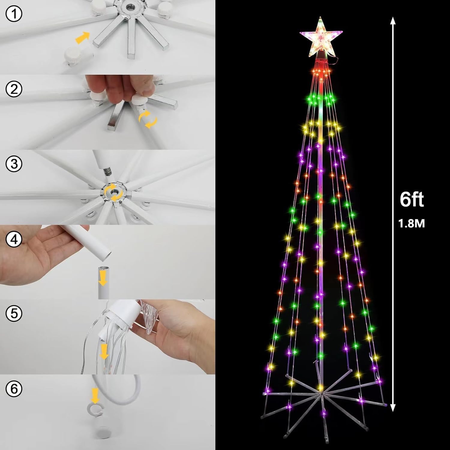 Lumière de sapin de Noël de 1,8 m avec étoiles - Éclairage LED - 8 modes d'éclairage - Étanche à intensité variable - Pour l'intérieur et l'extérieur - Décoration de Noël (180 cm)