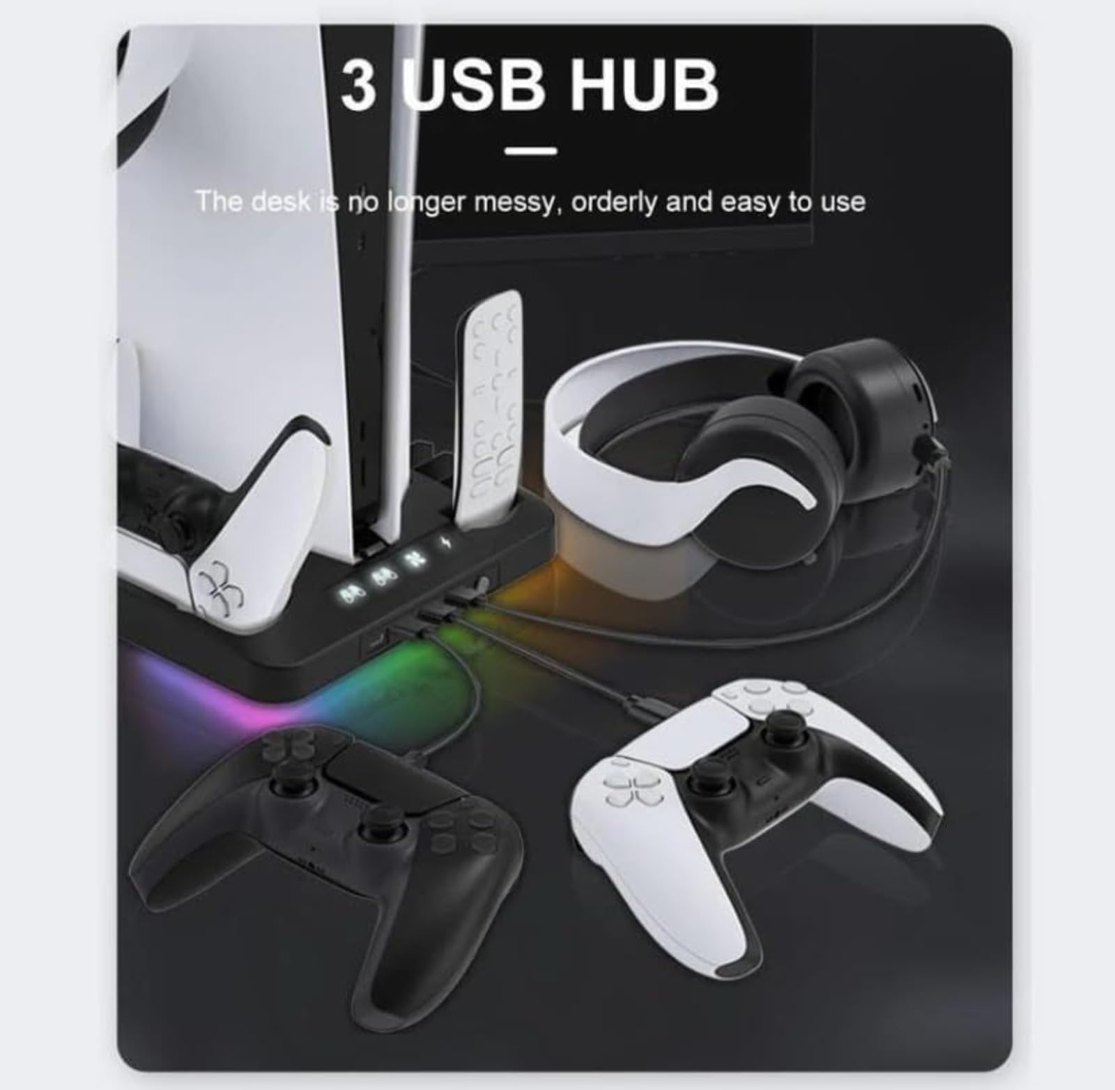 Stazione di ricarica PS5 con doppia ventola di raffreddamento, 2 dock per controller, hub USB a 3 porte, illuminazione RGB, archiviazione CD e gancio per cuffie, supporto organizer per console 5