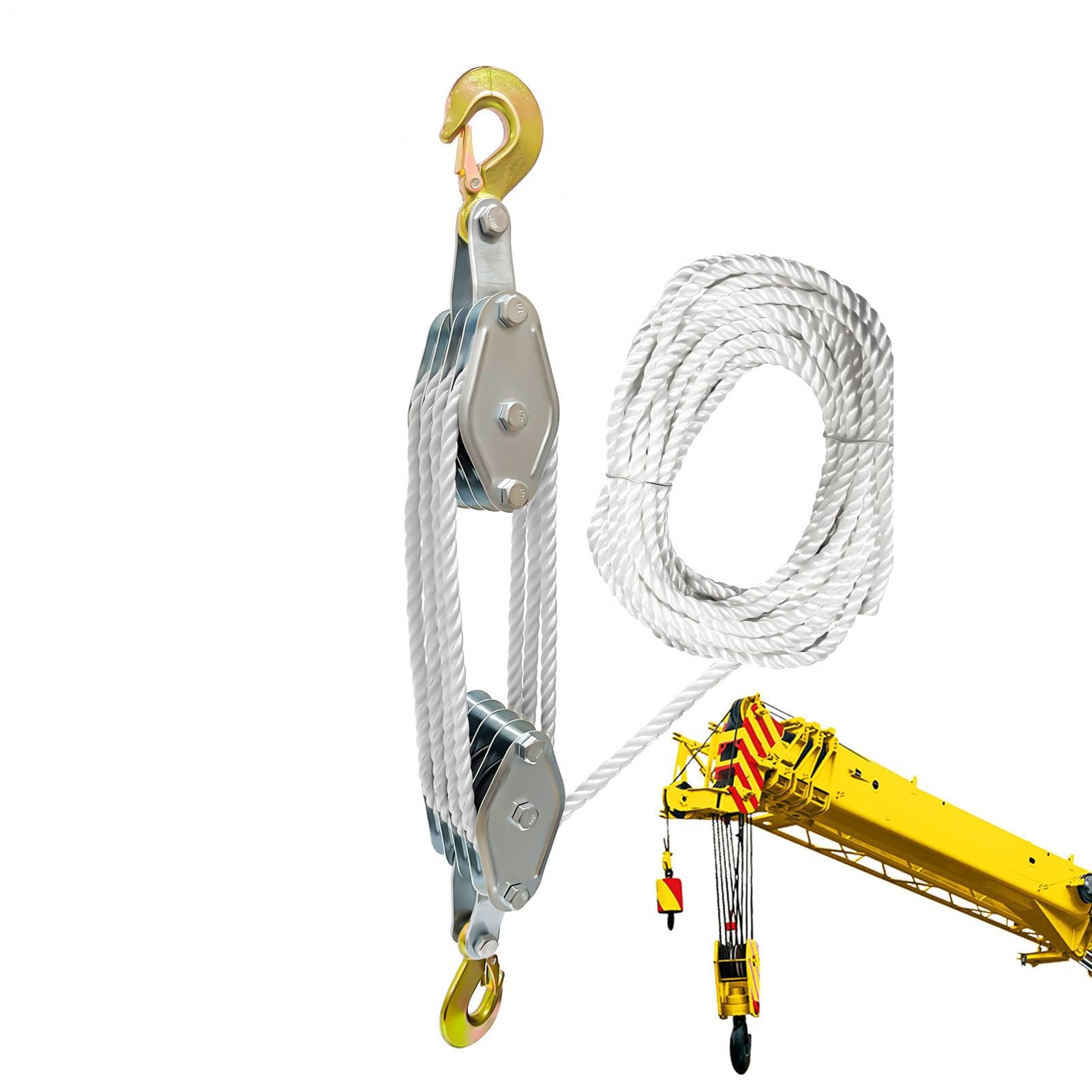 Bloque de polea doble, polea de bloqueo resistente, sistema de elevación 5:1, equipo de elevación de cuerda 3/8, fuerte capacidad de carga, ideal para elevación y aparejo