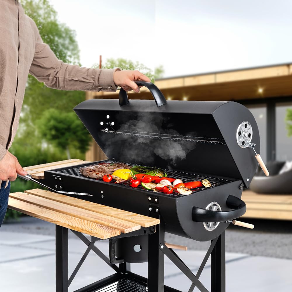 LEHMANN Barbecue a Carbonella con Griglia XL, Carrello Grill con Due Ripiani in Legno