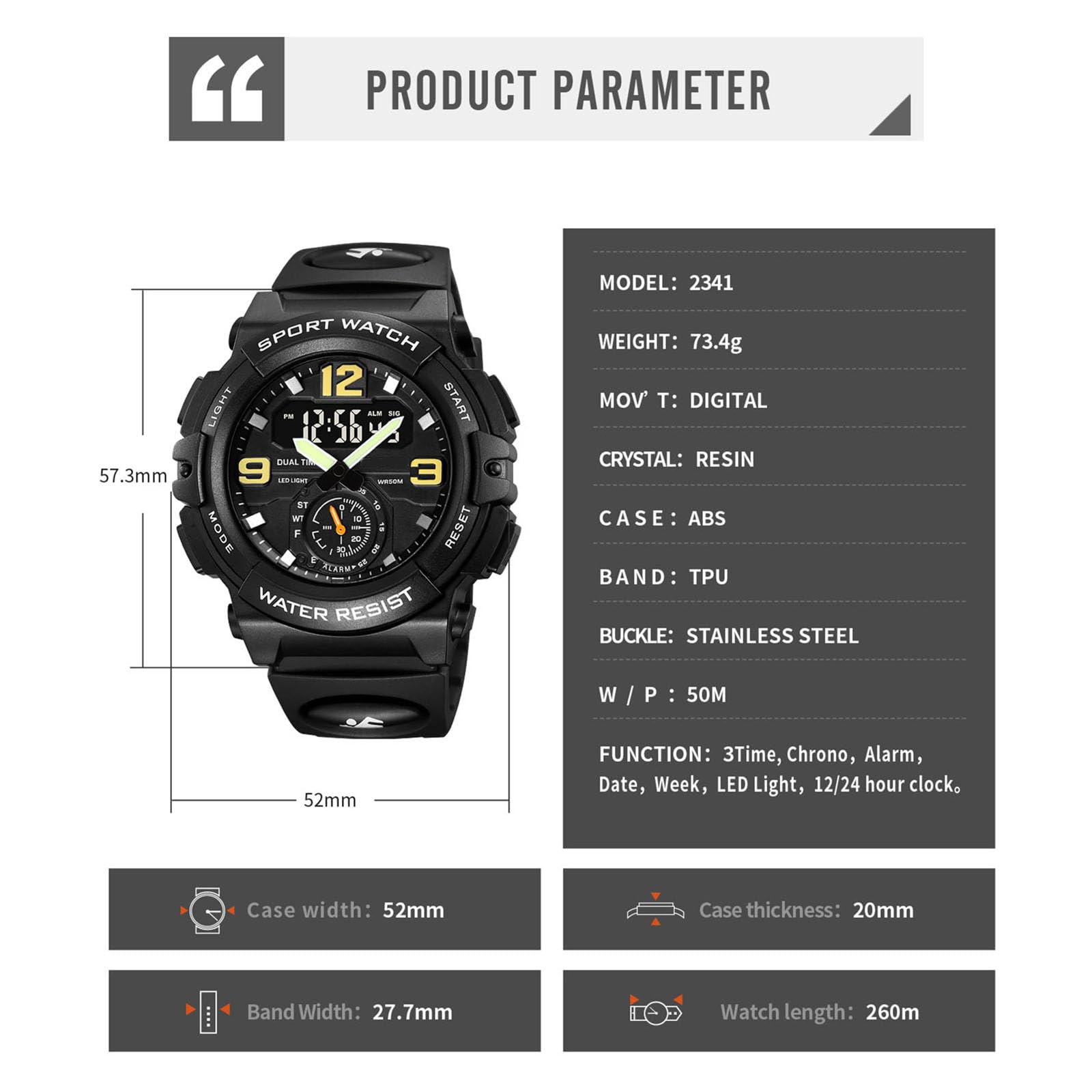 Reloj digital para hombre y mujer, con cronómetro, iluminación, alarma, calendario, cuarzo, doble tiempo, retroiluminación, reloj deportivo con correa de silicona