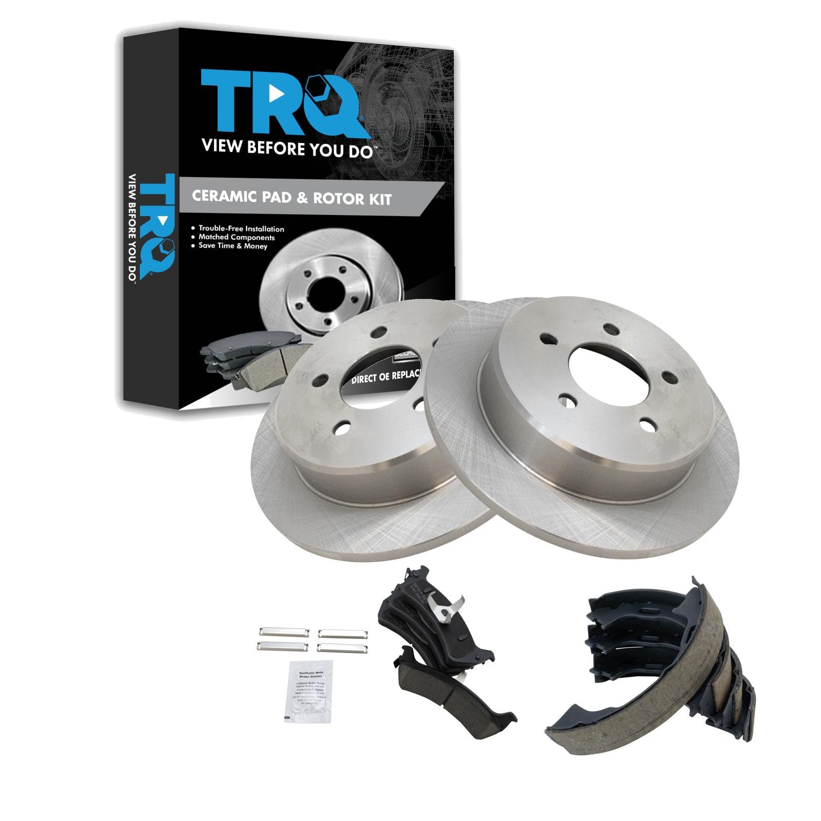 TRQ Rear Brake Pad and Rotor Set Ceramic Parking Brake Shoe Compatible with 1995-2001 Ford Explorer 1997-2001 Mercury Mountaineer