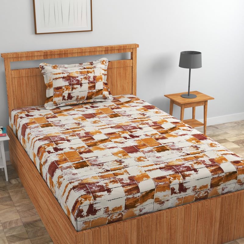 Image of NHD HOME Pure Cotton 180 to 220 tc Flat Single Bedsheets for Summer Breathable | Wrinklefree | Super Soft (Size-60 X 90 Inch) with 1 Pillow Covers (Size-17 X 27 Inches, Floral, Brown White)