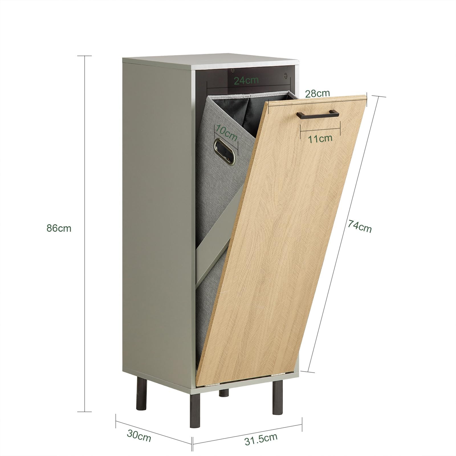 SoBuy Mueble Ropa Sucia baño con Saco abatible – Armario baño Estrecho con Patas de Metal y cesto para Ropa Sucia Gris Natural 31,5x86x30cm BZR132-NG