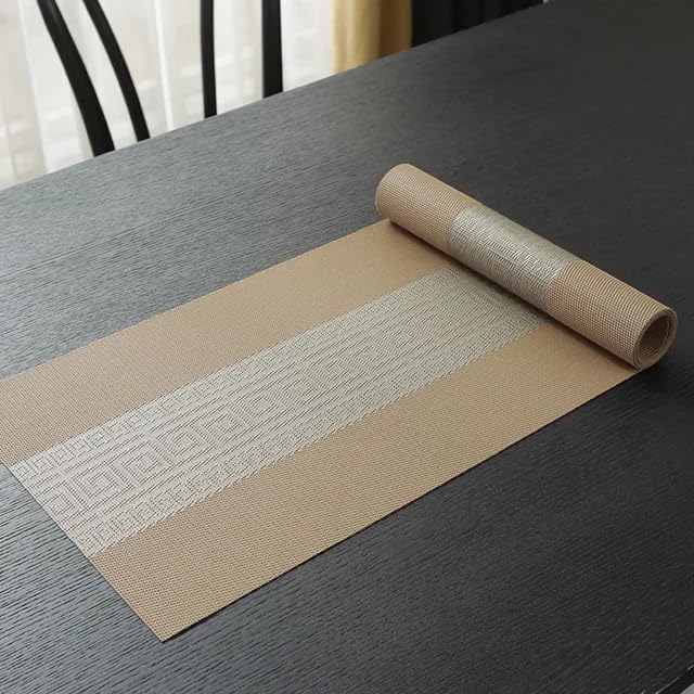 Image of YELONA Placemats and Table Runner Set - Heat Resistant, Non-Slip & Washable PVC Vinyl Dining Table Mats - Peanut Brown (6 Placemats: 45x30 cm, 1 Runner: 180x30 cm)