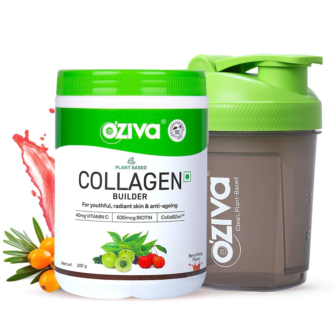 OZiva Vegan Collagen (Berry Orange) for Skin, Hair & Nails | Plant-Based Collagen Peptides Supplement for Men & Women | Non-GMO, No Sugar Added | Powder, 200g + Shaker