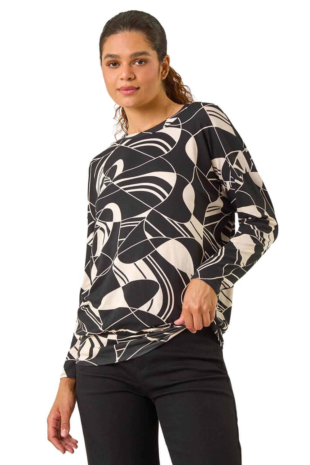 Roman Originals Women's Noir & Blanc Banded Geometric Stretch Top For Uk - Everyday Autumn Winter Round Neckline Comfy Soft Evening Vacation Work Party Night Out - Size 10