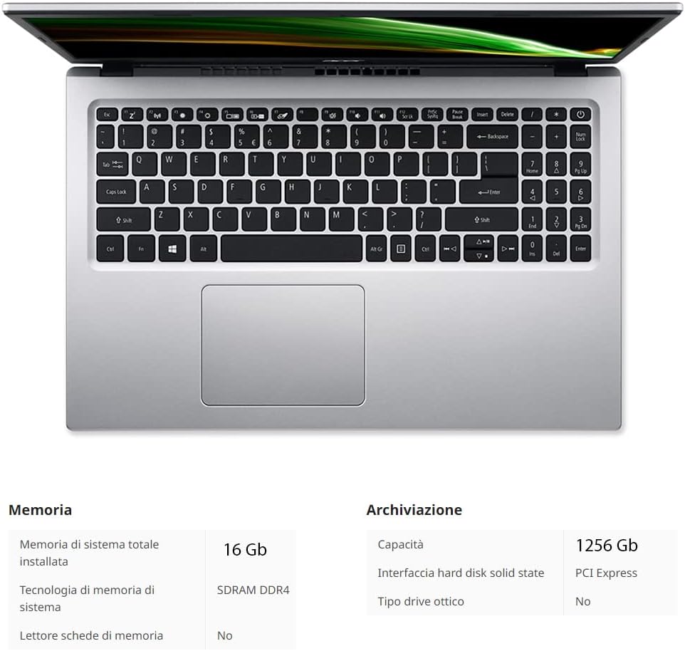 Acer Notebook | Pc portatile intel core N6000 | Ram 16 GB ddr4 | SSHD 1256 GB | Silver | Display 15.6 FHD | BT | WiFi | Windows 11 Pro | Pacchetto Office Pro | Computer portatile Pronto alluso Acer Notebook | Pc portatile intel core N6000 | Ram 16 GB ddr4 | SSHD 1256 GB | Silver | Display 15.6 FHD | BT | WiFi | Windows 11 Pro | Pacchetto Office Pro | Computer portatile Pronto alluso