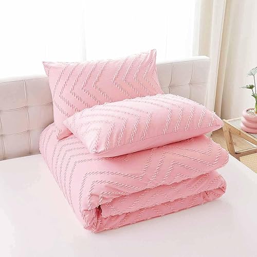 Miniatura 6 de Nanko Juego de edredón rosa de tamaño matrimonial, diseño copetudo jacquard, bohemio, suave, desgastado y elegante, reversible, de microfibra