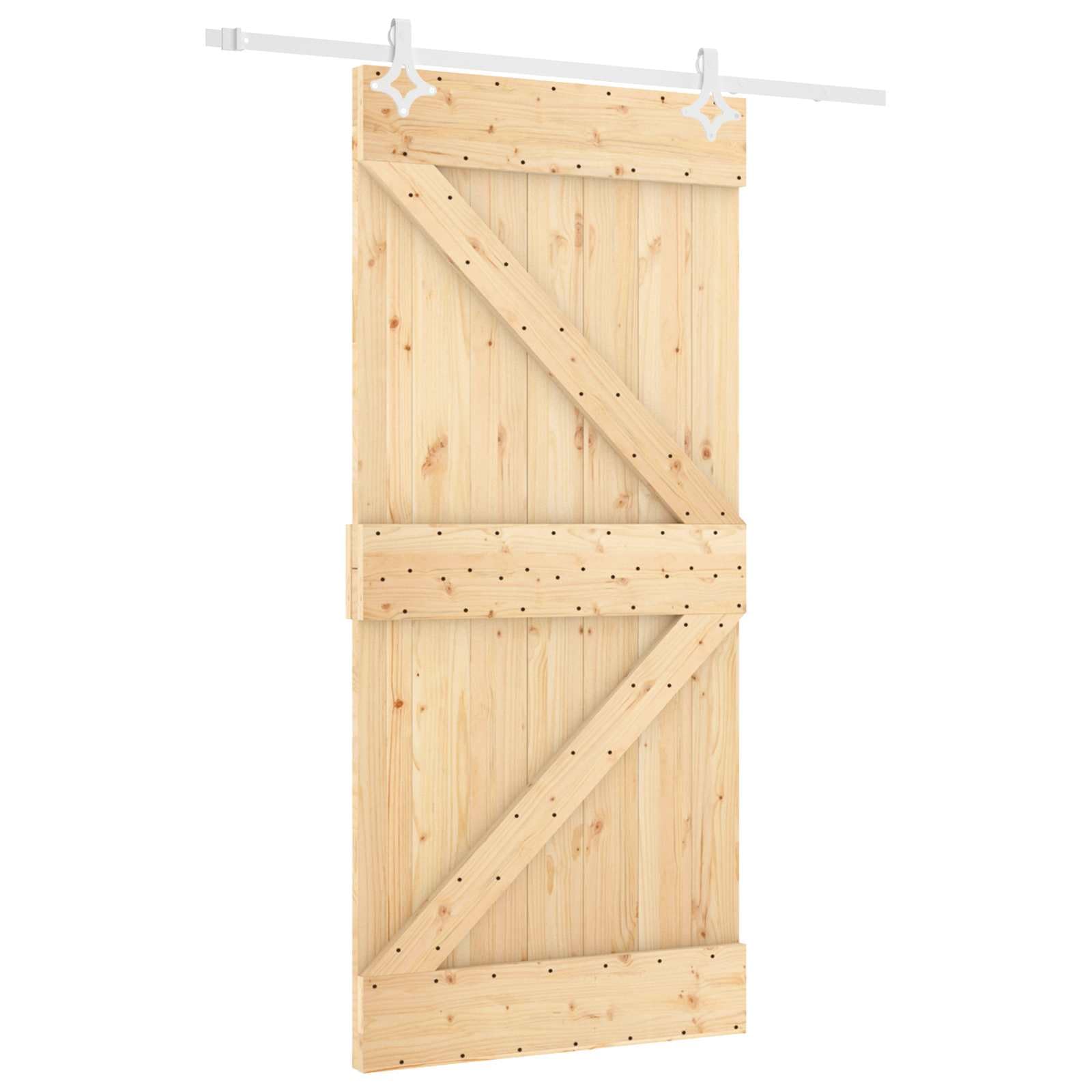Moderna porta scorrevole in legno di pino massello, finitura naturale e bianca, 100 x 210 cm, salvaspazio, con binario superiore e acciaio verniciato a polvere per uno scorrimento fluido
