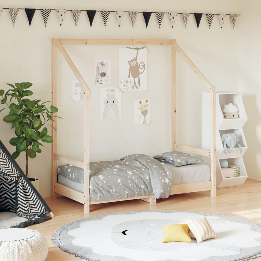 Kinderbett Massivholz Kiefer 70x140 cm mit Lattenrost Gitterbett für Kleinkinder 18 Monate bis 4 Jahre, unbehandeltes Holz Kinderzimmer Juniorbett Schlafplatz und Spielbereich