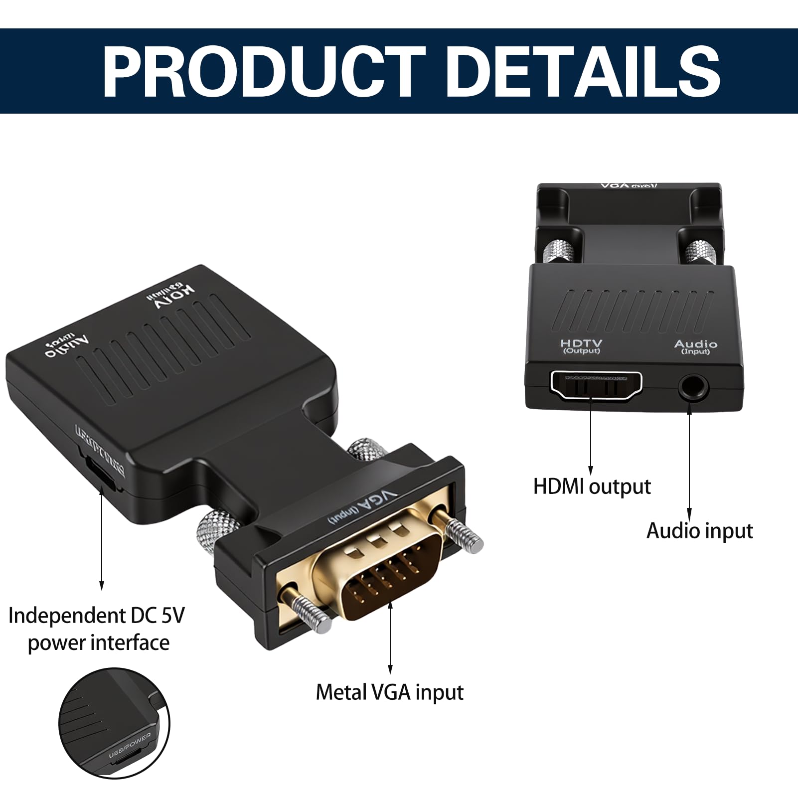 Adaptateur VGA vers HDMI avec Audio, 1080P Convertisseur VGA Mâle vers HDMI Femelle avec Jack 3.5 mm et Câble d'Alimentation USB, Unidirectionnel pour PC, Ordinateur Portable, TV, Moniteur, Projecteur