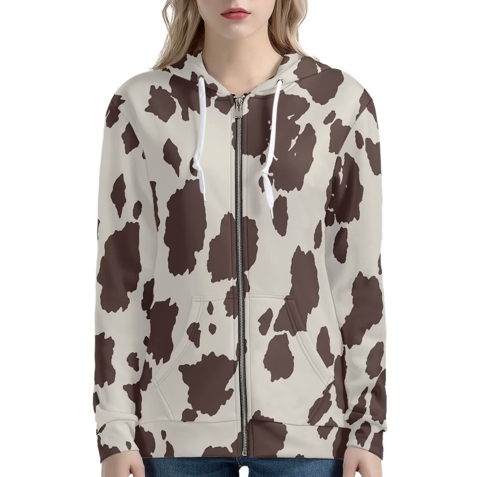Xoenoiee Y2K bluza z kapturem damska bluza z zamkiem błyskawicznym dziewczęca kurtka uliczna długi rękaw oversize swetry z kapturem luźny krój, Brązowe kropki z krowiami, XL