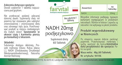 Fairvital | NADH 20mg sublingual - Coenzima 1 VEGANA - Dosis elevada - Nicotinamida adenina dinucleótido - 60 Comprimidos - Calidad Alemana