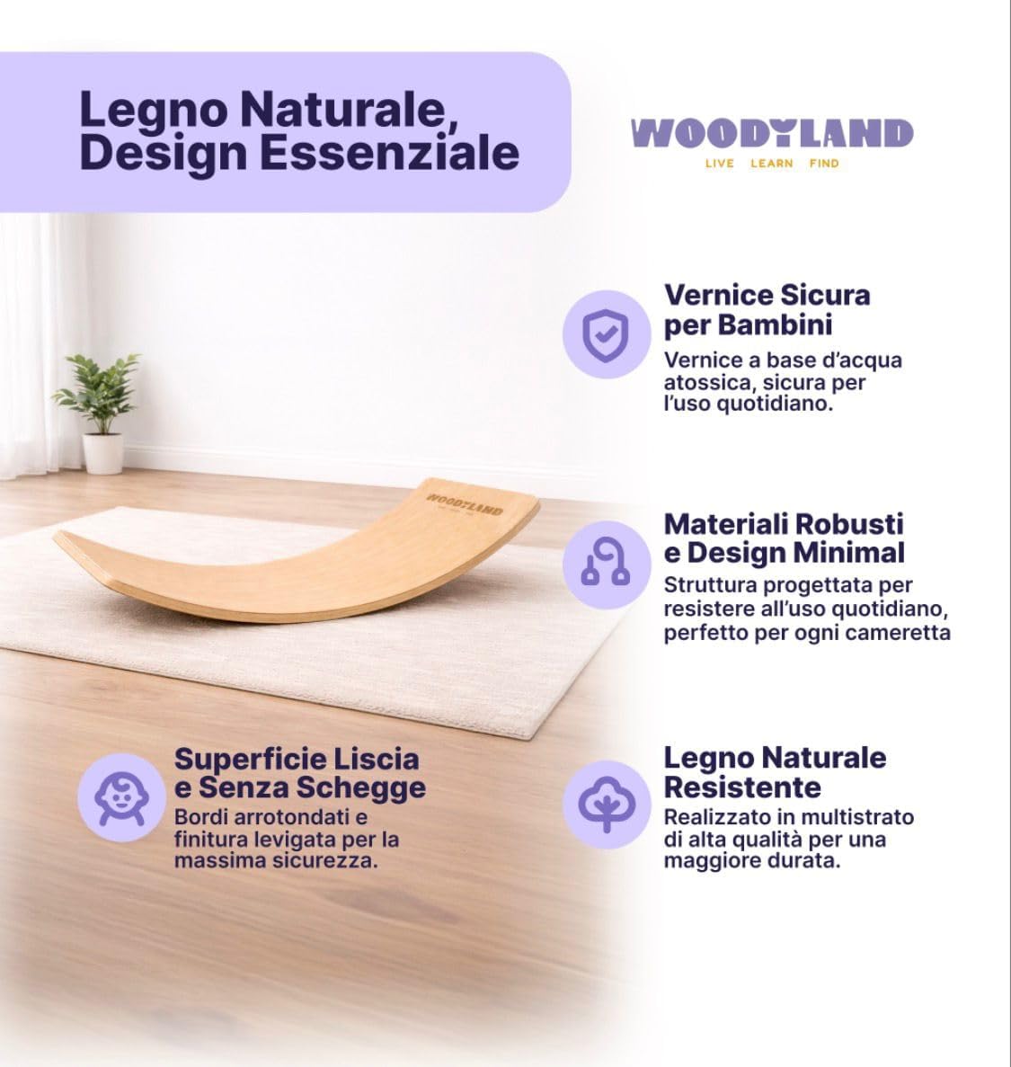 WOODYLAND Tavola di Equilibrio per Bambini, Ispirazione Montessori, Balance Board Fly in Legno Naturale, Tappetino Antiscivolo in Feltro, 80 x 30 cm