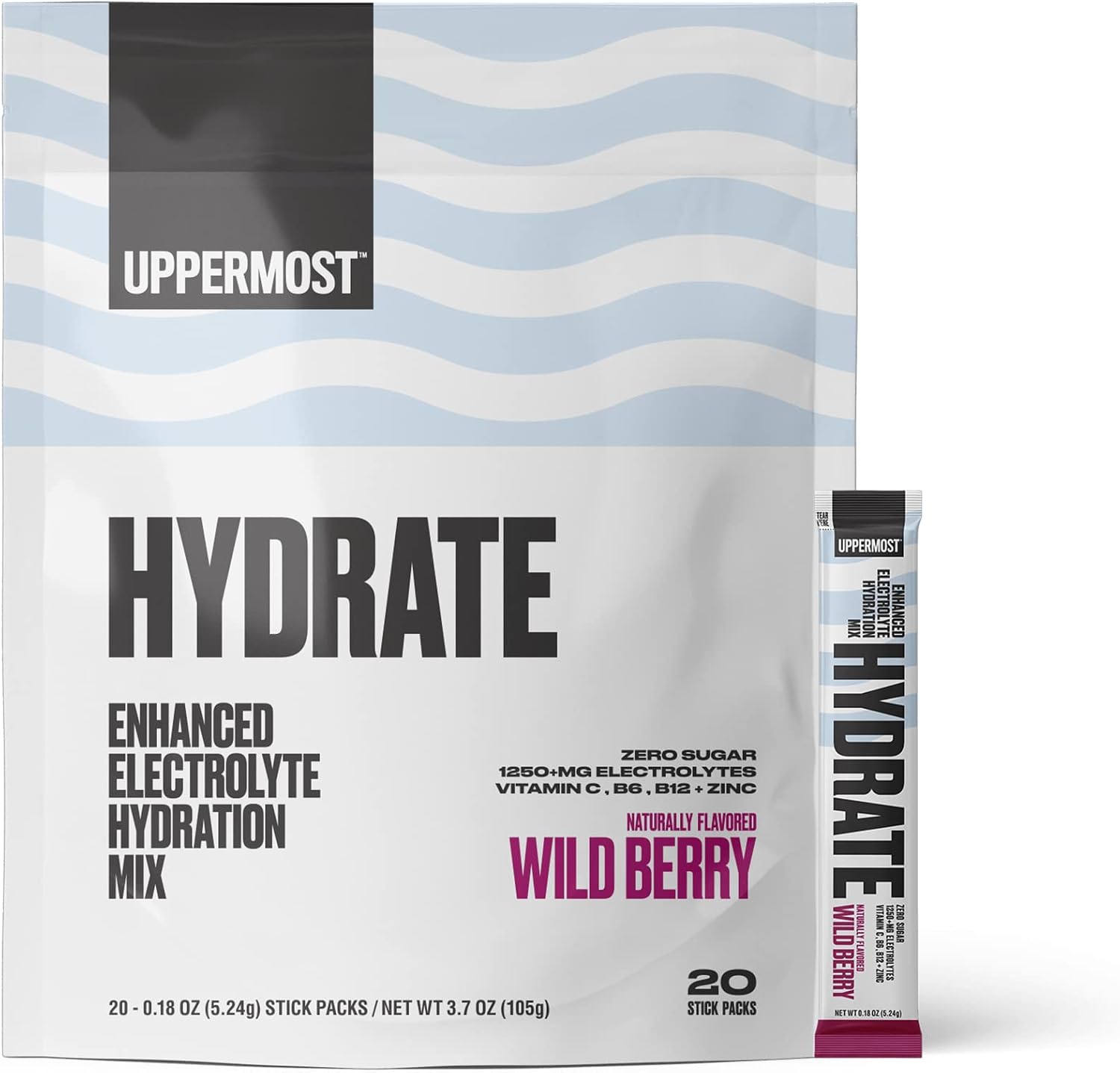 Uppermost Hydrate - Enhanced Electrolytes Hydration Drink Powder Mix Packets - No Sugar - Keto - Naturally flavored & sweetened - With Vitamin C, B6, B12-20 Stick Packs (Wild Berry)