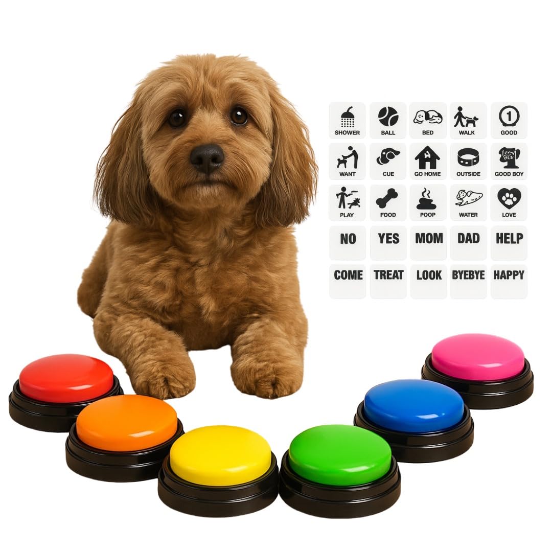 6PCS Dog Training Buttons Recordable Talking Buttons for Communication with 1 Sheet Label Stickers, Pet Training Tools to Teach Dogs & Cats, Funny Interactive Gift for Pet Owners