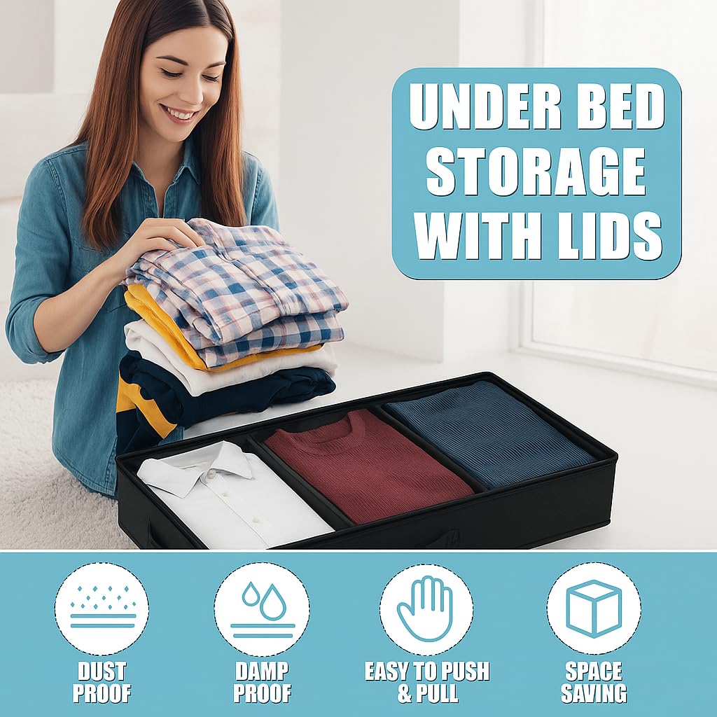 Confezione da 2 contenitori da mettere sotto il letto, con coperchio, 50 l, grandi contenitori portaoggetti con ruote in metallo, borsa portaoggetti con cerniera per vestiti, coperte