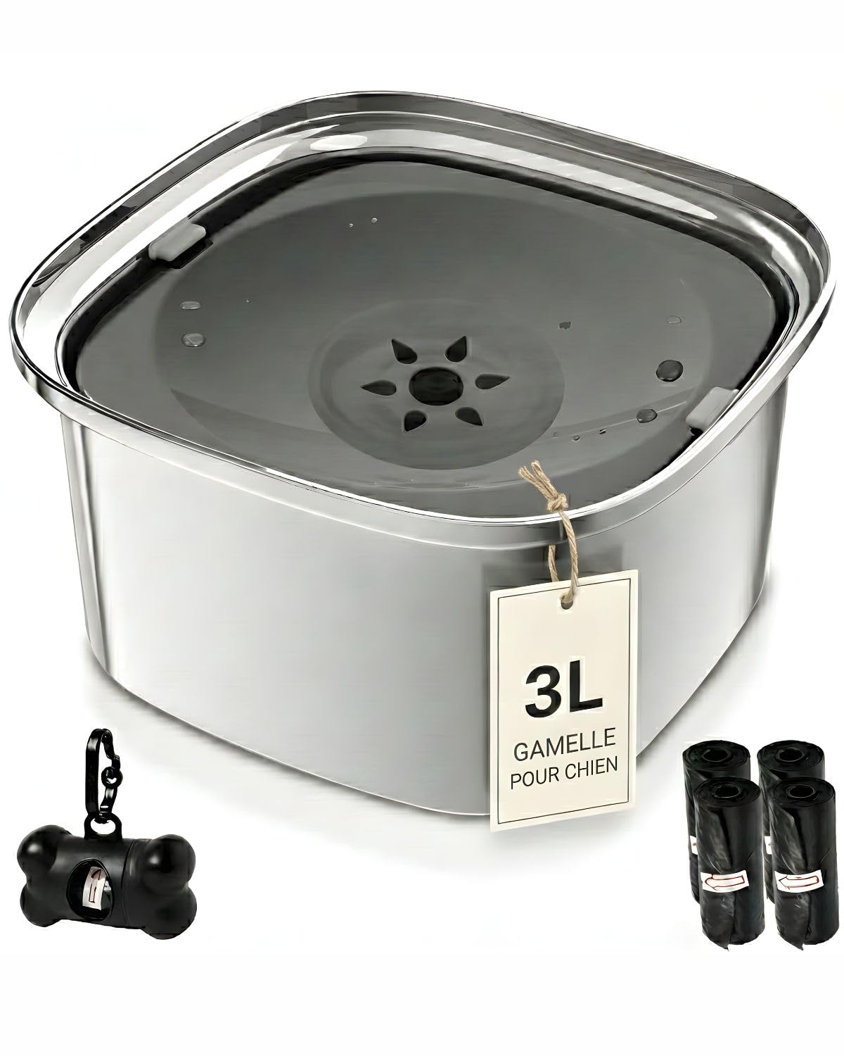 Gamelle pour Chien - Capacité 3L - Bol Anti Eclaboussure Débordement Renversement - - Gamelle Chien - Distributeur Sacs avec 4 Sacs Inclus