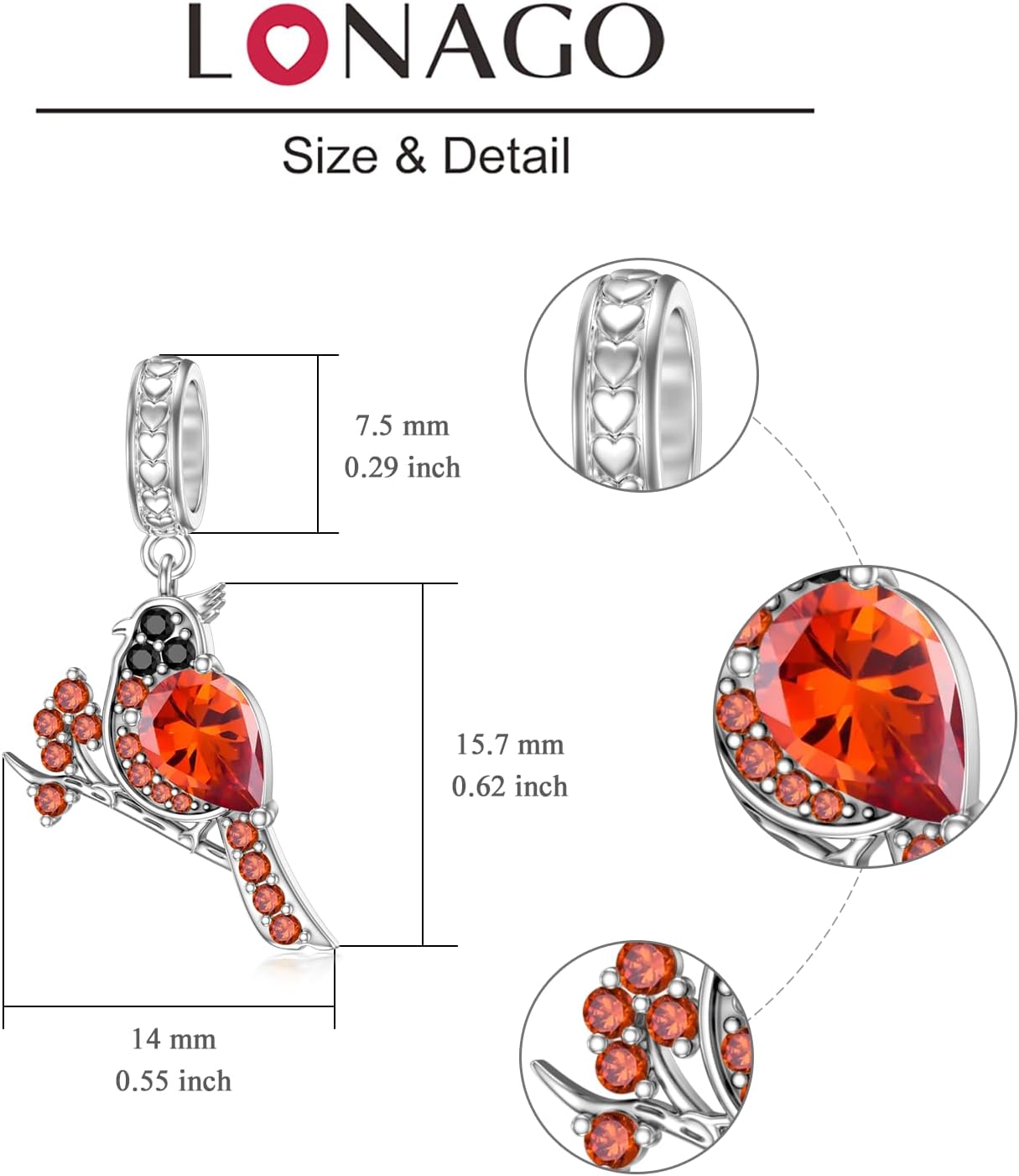 LONAGO Red Cardinal Charm Sterling Silver Cubic Zirconia Cardinal Charm Bead Jewelry Gift for Women - Image 6