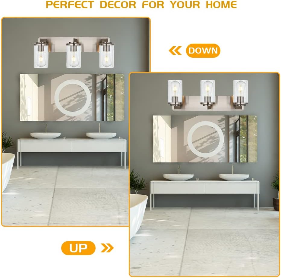 BONLICHT Brushed Nickel Vanity Light 3 Lights Modern Bathroom Light Fixtures Over Mirror with Seeded Glass, Industrial Metal Indoor sconces Wall Lighting for Powder Room Hallway Kitchen Sink Cabinet