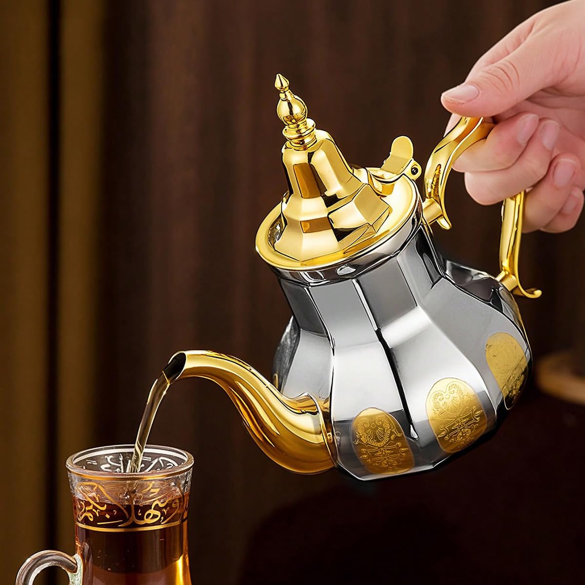 Tetera marroquí de 0,7 l, estilo árabe, acero inoxidable, estilo marroquí, tradicional, estilo religioso