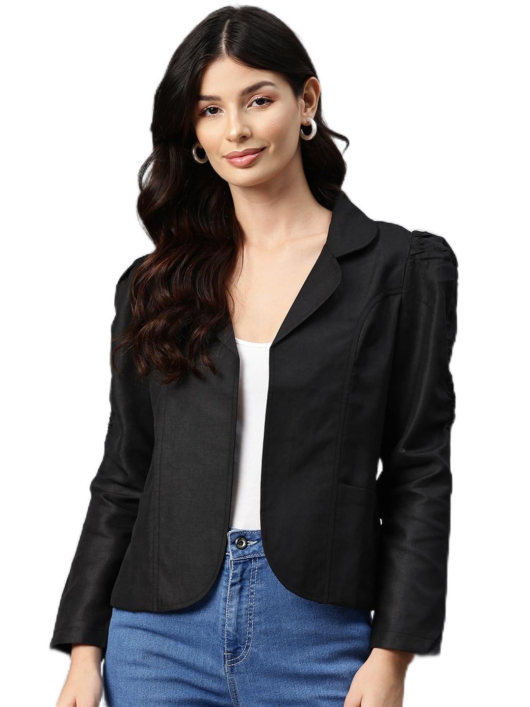 Women Black Solid Cotton Lightweight Open Front Casual Blazer