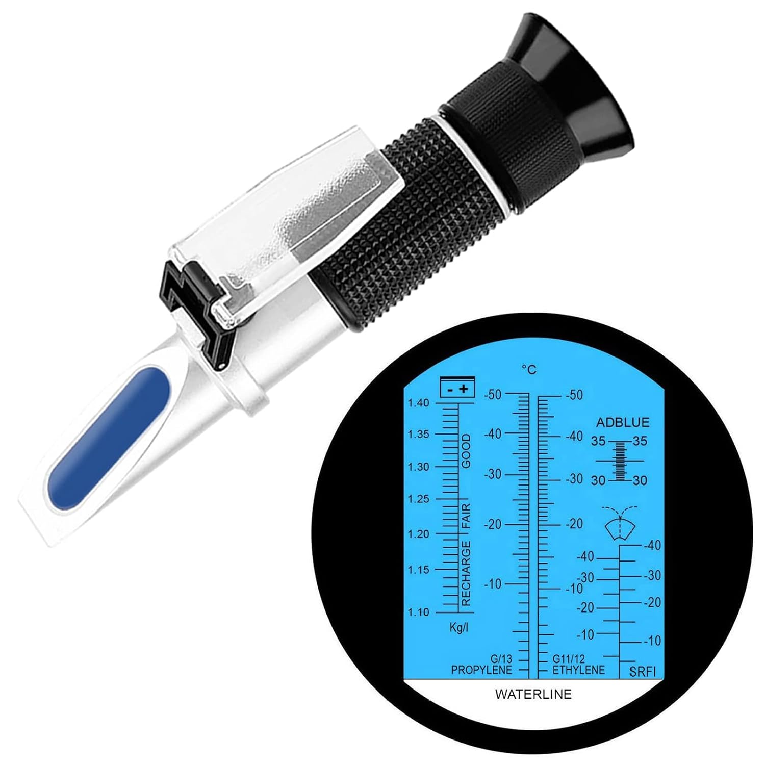 DEF Antifreeze Refractometer 5-in-1 Antifreeze Tester Coolant Refractometer | for Checking Automobile Antifreeze Coolant System, Battery Acid, Ethylene Glycol or Propylene, Windshield Washer Fluid