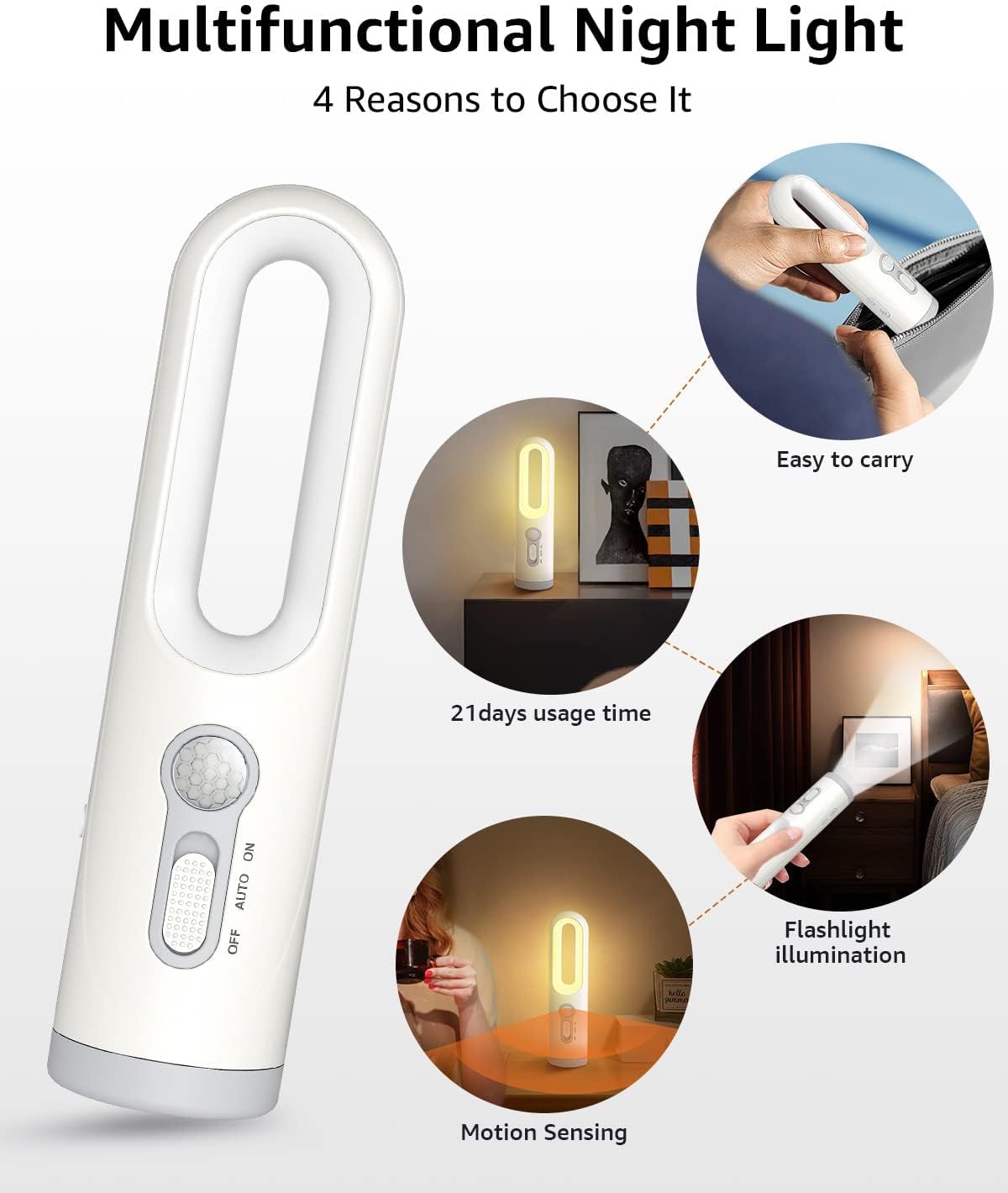 Rechargeable Motion Sensor Night Light 2-in-1 Portable LED Night Light Flashlight with Dusk to Dawn Sensor for Bedroom, Bathroom, Baby Nursery, Toilet, Reading, Camping(Warm White, 2 Pack)
