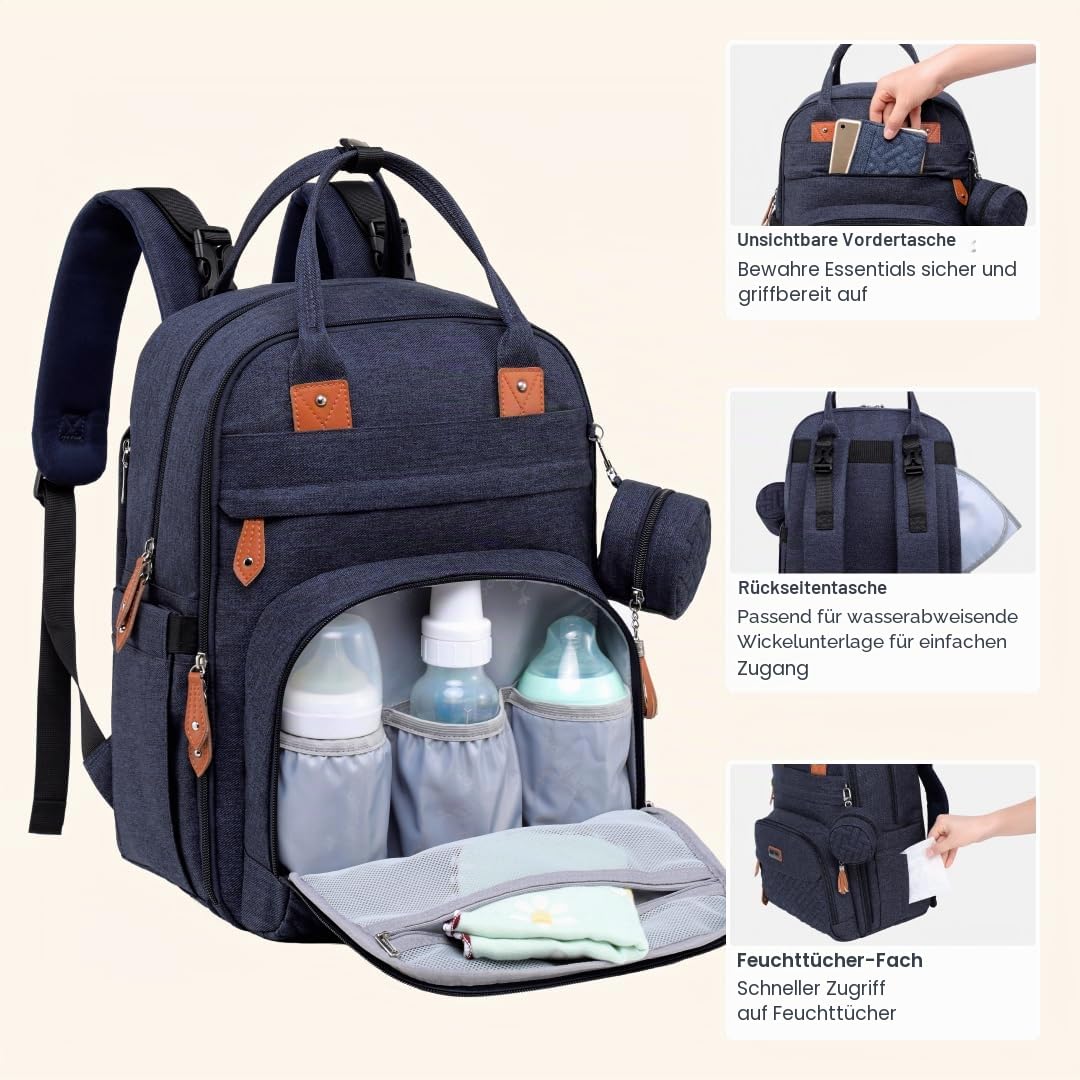 BabbleRoo Wickeltasche Rucksack – Große Kapazität, 17 Taschen, Wasserabweisend – mit Wickelauflage, abnehmbarem Schnullerhalter, Kinderwagengurten – Reiserucksack für Mama & Papa