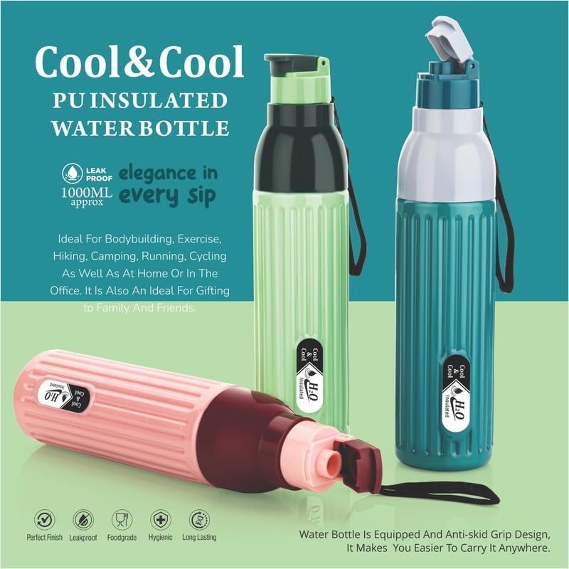 Image of 1000 ML Insulated Inner Stainless Steel Water Bottle, 1000-700 ml, | Leak Proof | Hot & Cold | Easy Grip and Carry,|20,Pink Tharmal Bottle