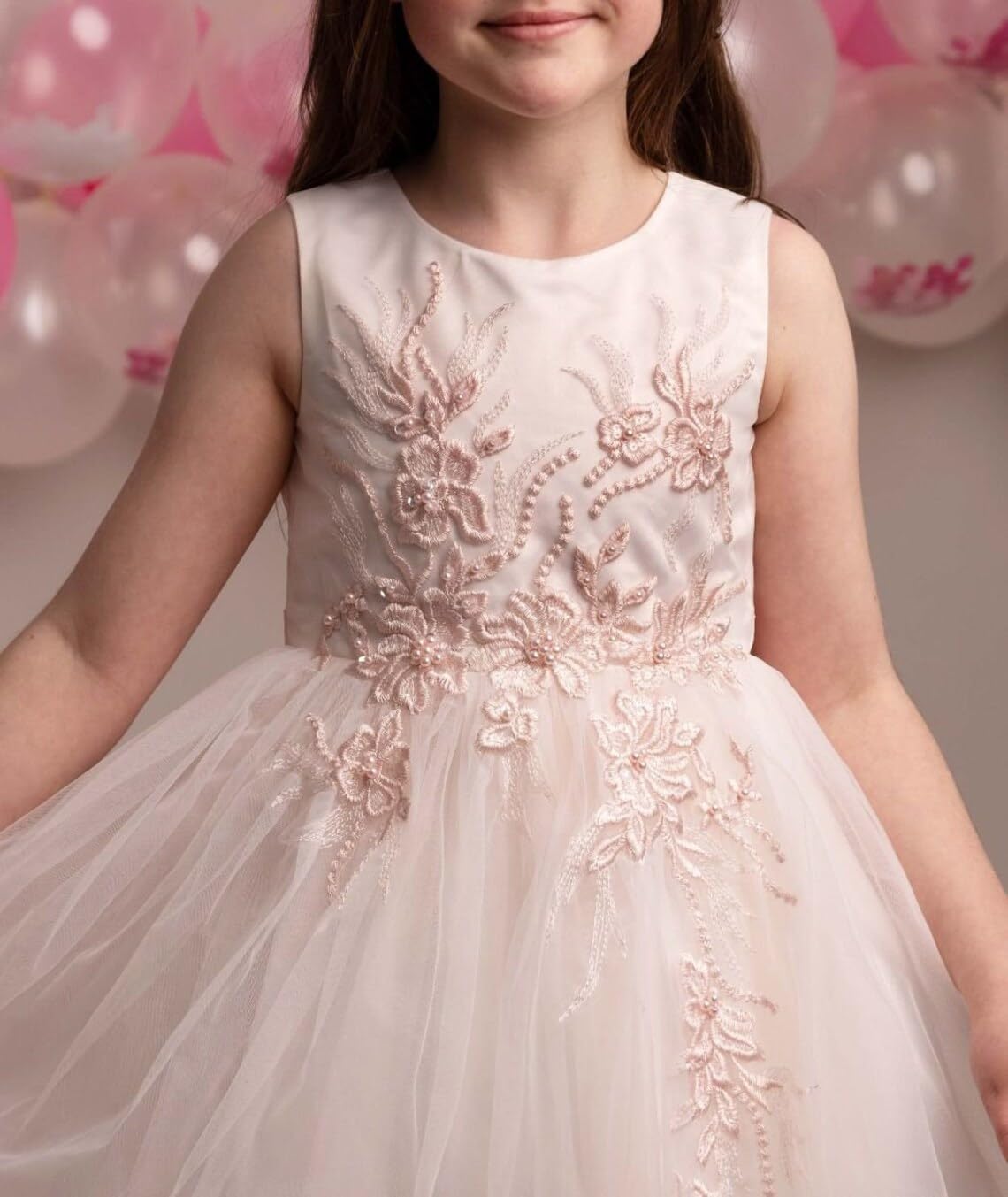SIRRI Abito Ricamato Floreale da Bambina con Fiocco in Raso e Gonna in Tulle - Ideale per Eventi Formali