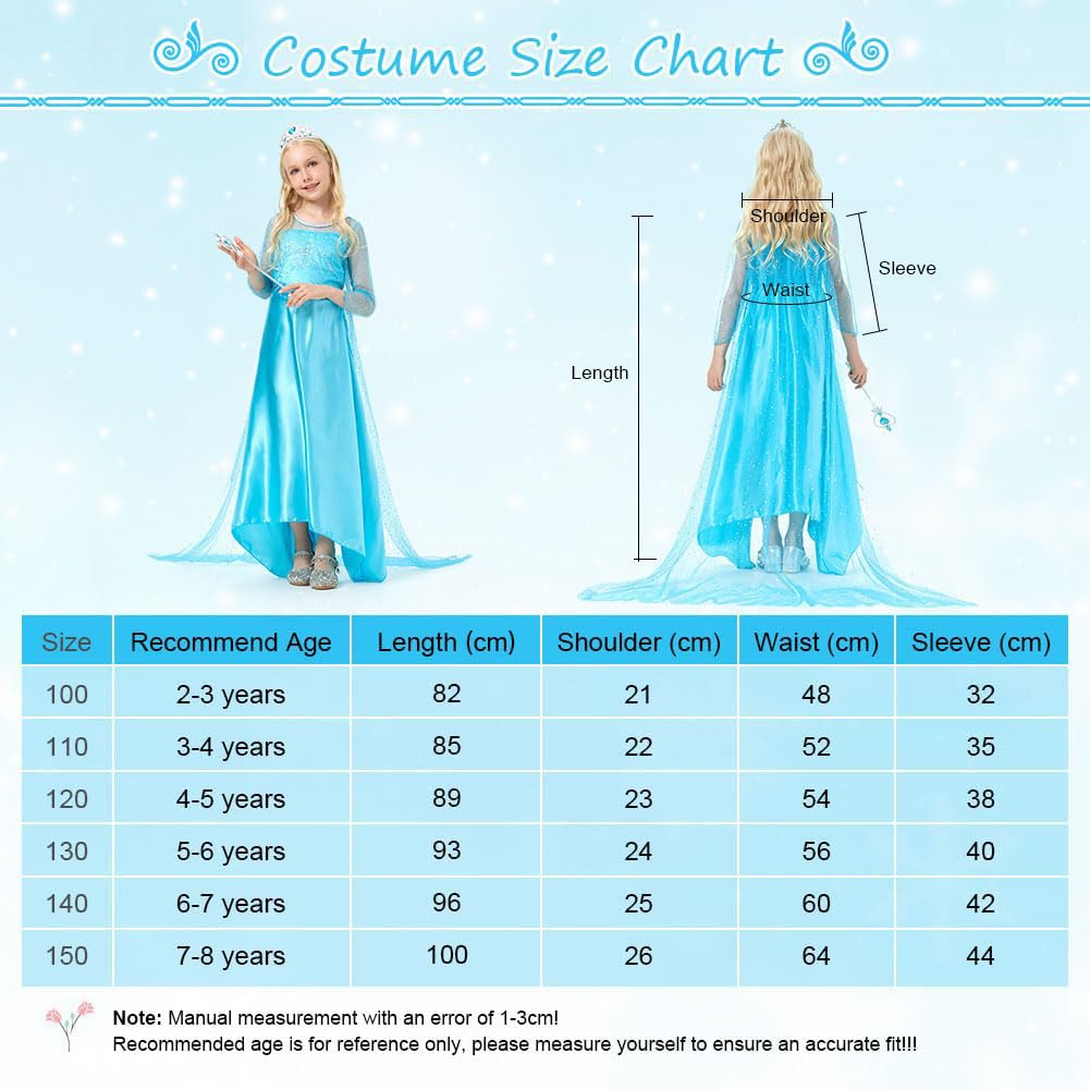 AOOWU Costume Principessa Bambina, Vestito da Principessa da Ragazza con Accessori, Set da Principesse Blu Vestiti per Halloween, Carnevale, Cosplay, Festa, Ideal Regali per Ragazze
