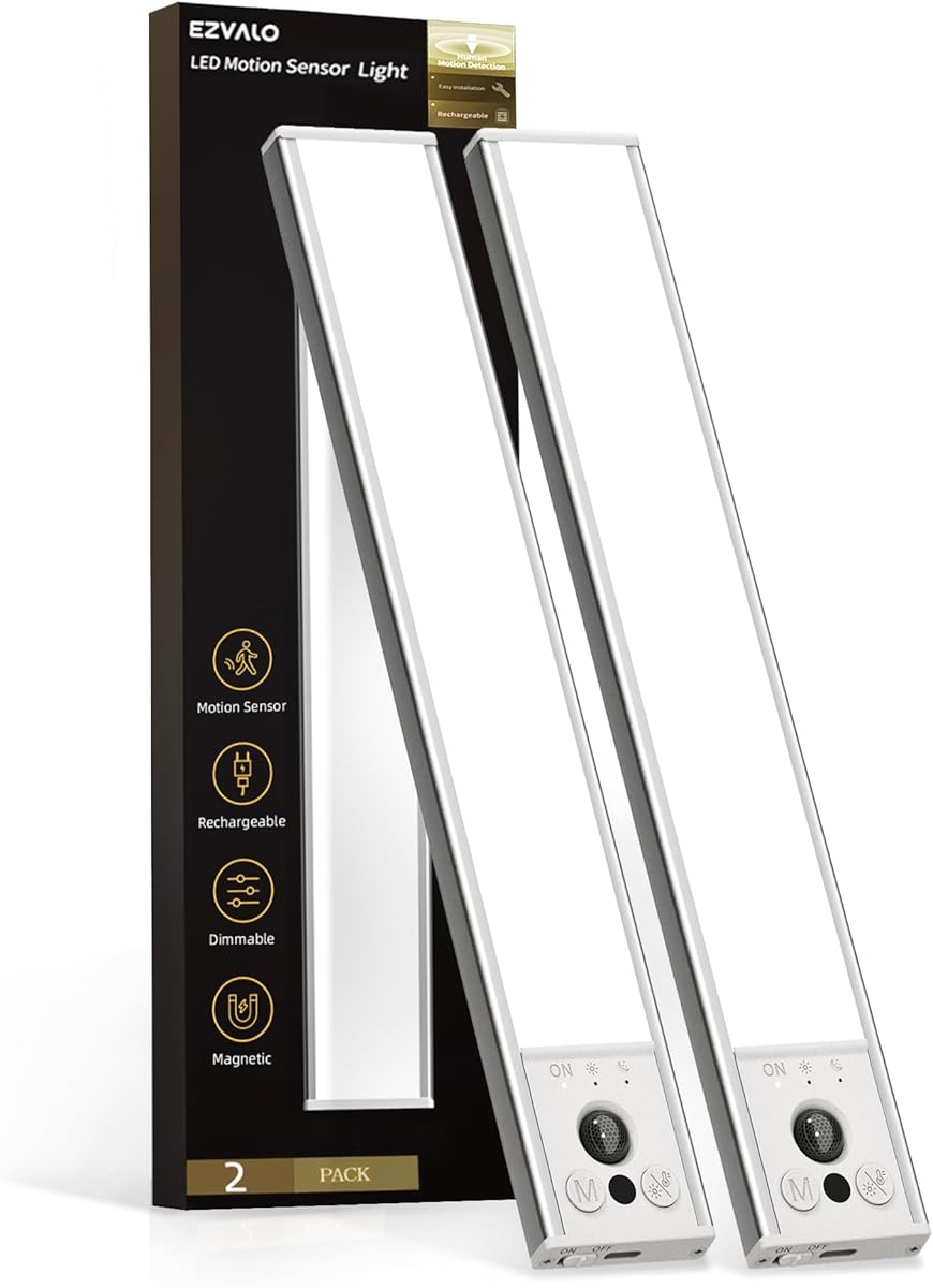 EZVALO 10inch Under Cabinet Lighting, LED Motion Sensor Light Indoor, 2400mAh USB Rechargeable Closet Lights, Dimmable & Magnetic Wireless Under Counter Lights for Kitchen, Pantry, Stairs (2 Pack)