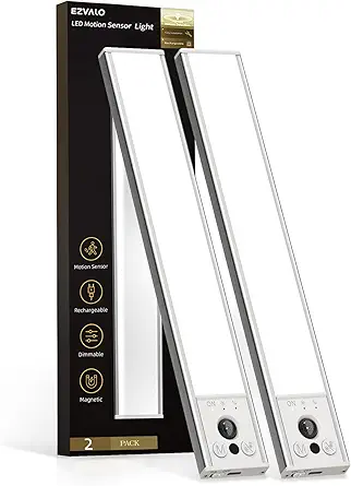 EZVALO 10inch Under Cabinet Lighting, LED Motion Sensor Light Indoor, 2400mAh USB Rechargeable Closet Lights, Dimmable & Magnetic Wireless Under Counter Lights for Kitchen, Pantry, Stairs (2 Pack)