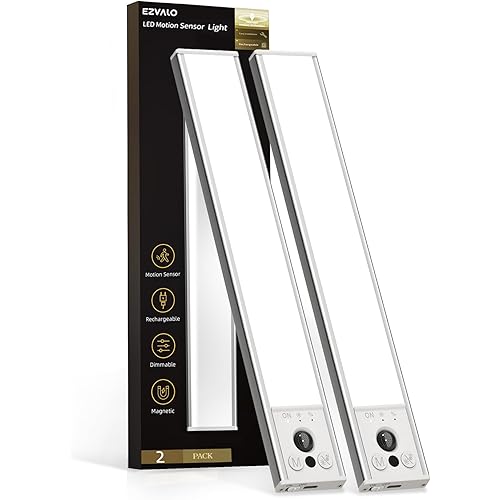 EZVALO 10inch Under Cabinet Lighting, LED Motion Sensor Light Indoor, 2400mAh USB Rechargeable Closet Lights, Dimmable & Magnetic Wireless Under Counter Lights for Kitchen, Pantry, Stairs (2 Pack)