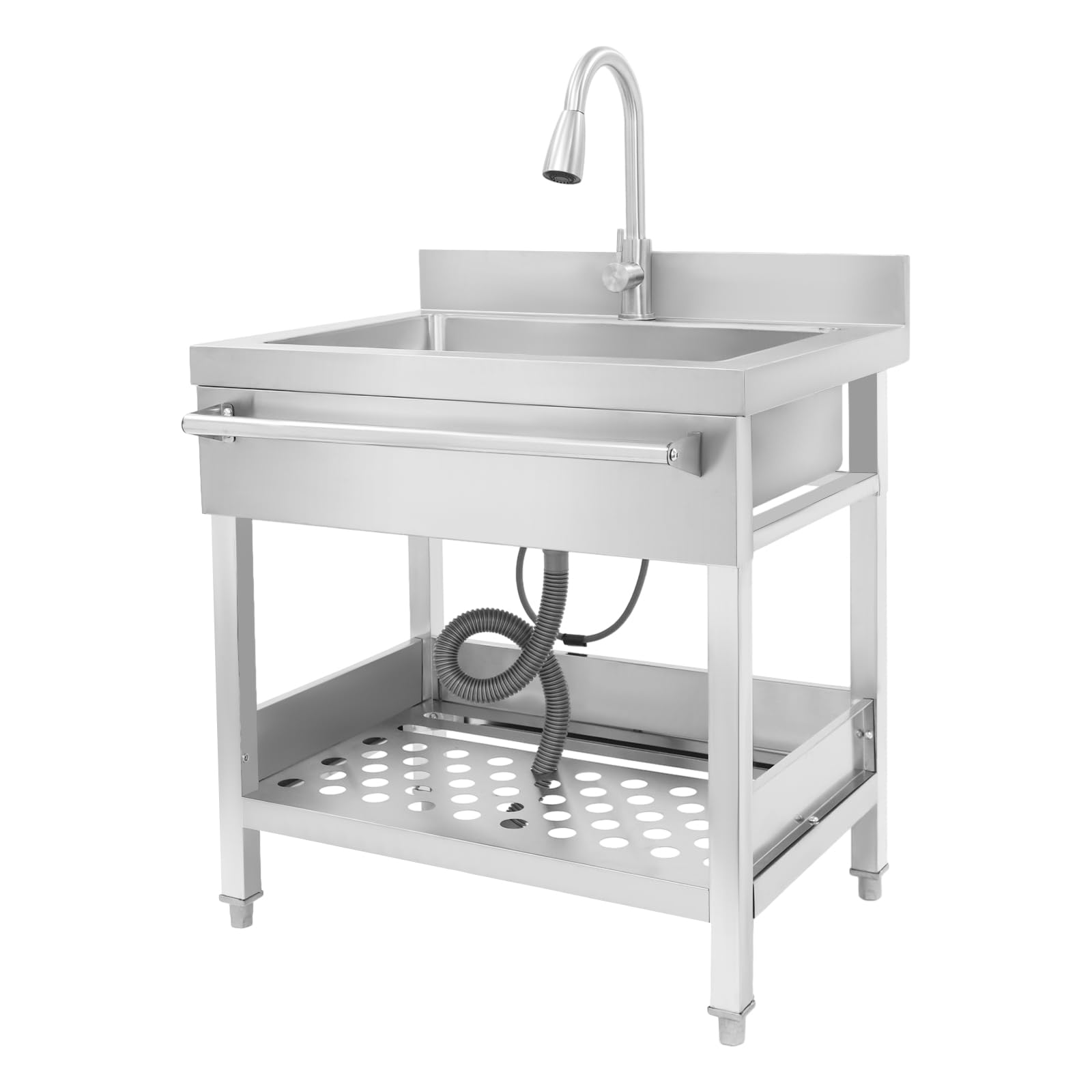 Lavello autoportante in acciaio inox con rubinetto estraibile, lavello da cucina mobile con rubinetto freddo e caldo, lavello singolo (76 x 56 x 90 cm), argento