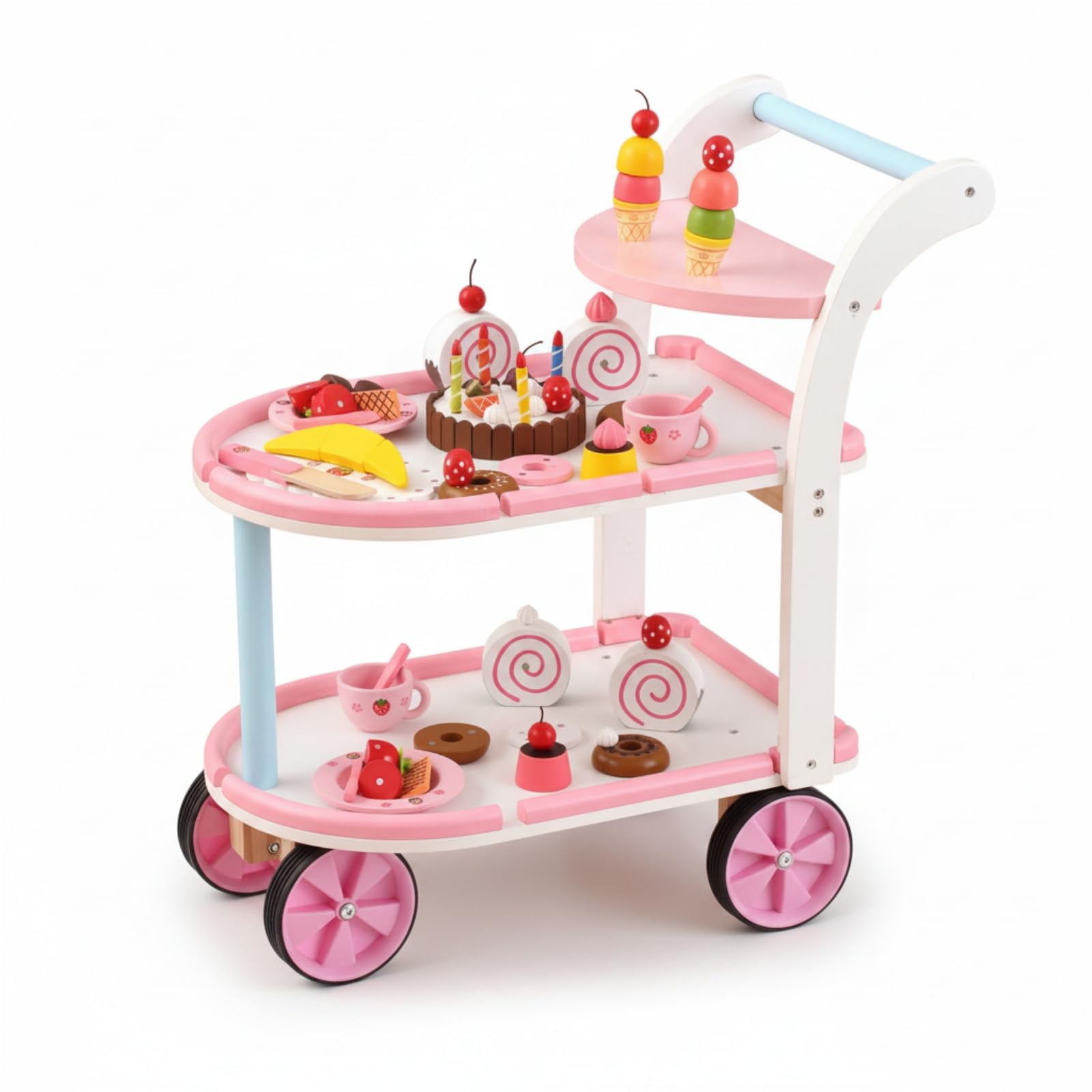 Carrello Pasticceria Bambini Giocattolo Cucina Carrello Dessert Banco Ruote Maniglia in Legno Finto Gioco Servizio Dolce con Ripiani Materiale Legno