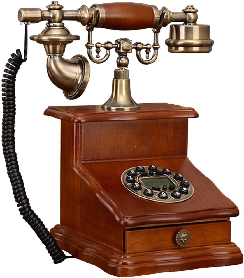 WD Classic Solid Wood Wired Fixed Phone with Rotating Dial and Metal Ringtones