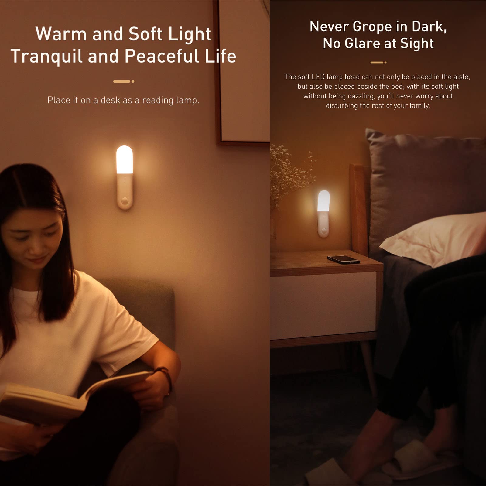 Luce Notturna Magnetica LED, Induzione del Corpo Umano Ricaricabile Tramite USB Luce di Emergenza Risparmio Energetico Sospesa, Lampada Parete Lettura da Comodino Letto da Corridoio,White Light