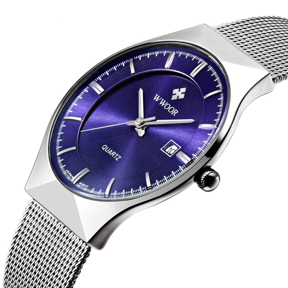 Reloj de Pulsera para Hombre, Ultra Fino, de Acero Inoxidable, Correa de Malla, Cuarzo, con Fecha, Resistente al Agua