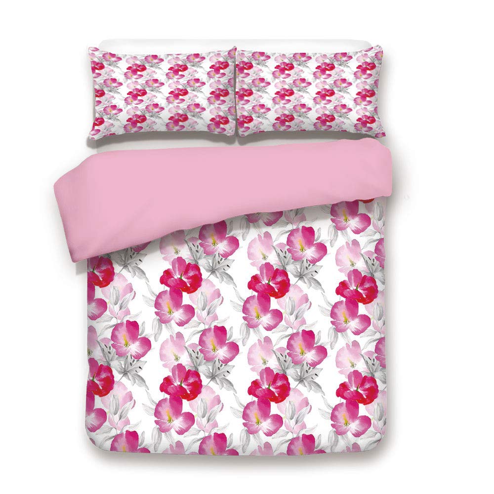 Pink 3pc Bedding Set,Watercolor Poppy Flowers Vivid Color Environment Image Romantic Lovely Plants Decorative Queen Size Duvet Cover Set,Printed Comforter Cover with 2 Pillowcases for Women & Girls