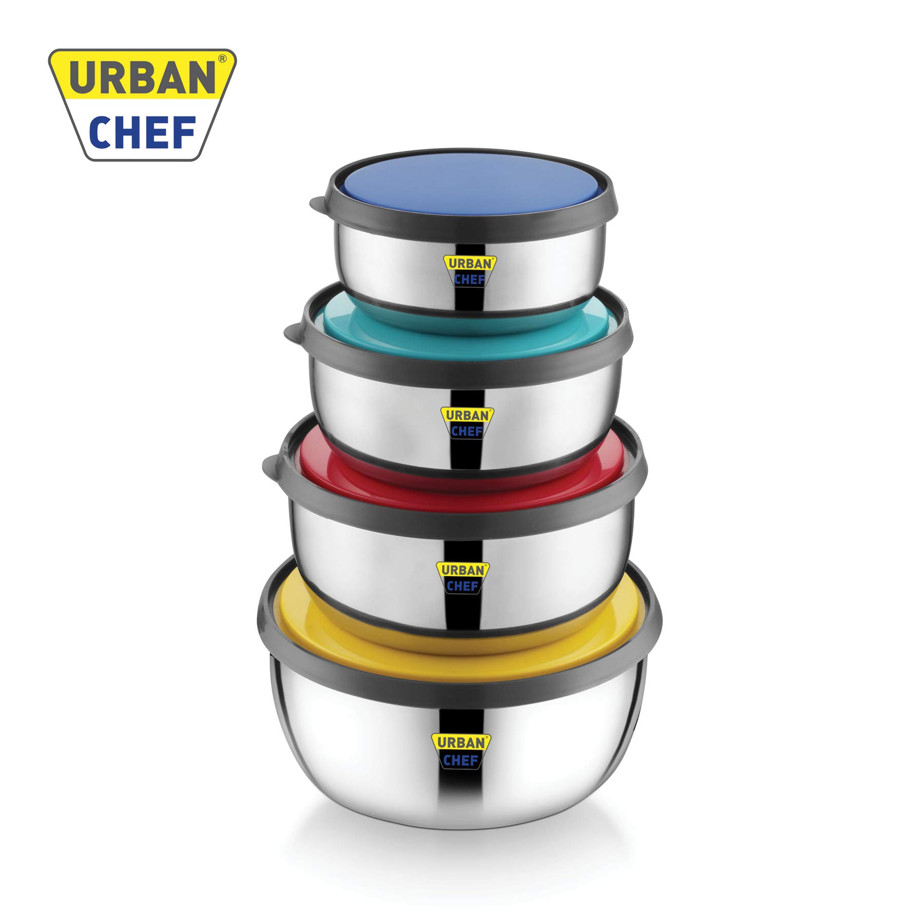 URBAN CHEF Fresca Stainless Steel Push & Lock Bowl Storage Set with Multi Colour Lid, 4-Pieces, 500 ml, 750 ml, 1150 ml, 1650 m
